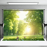 Lofaris Spring Blurry Green Forest Egg Rabbit Easter Backdrop